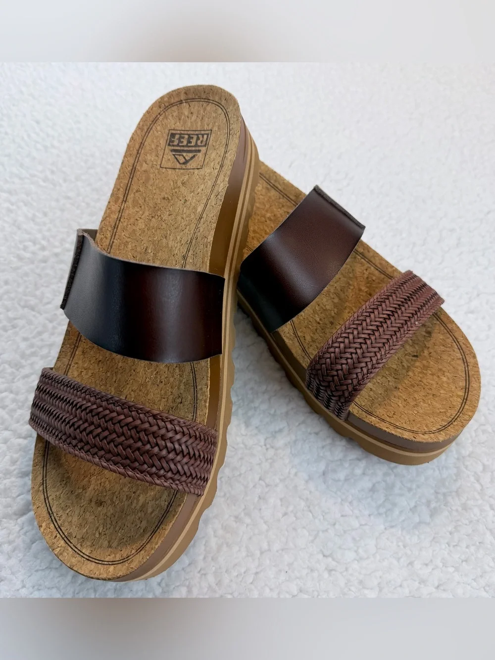 REEF • Brown Cushion Vista Hi Dual-Strap Braided Platform Slide Sandals, 10